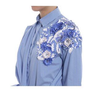 $669 MSGM Italian Women's 3D Beaded Flowers Blue/White Stripe Blouse Rare Sz 38